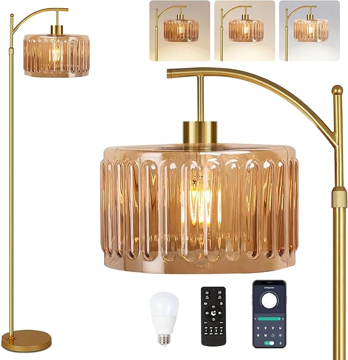 QIYIZM Glass Floor Lamp for Living Room, Mid Century Modern Brass Tall Lamp by QIYIZM