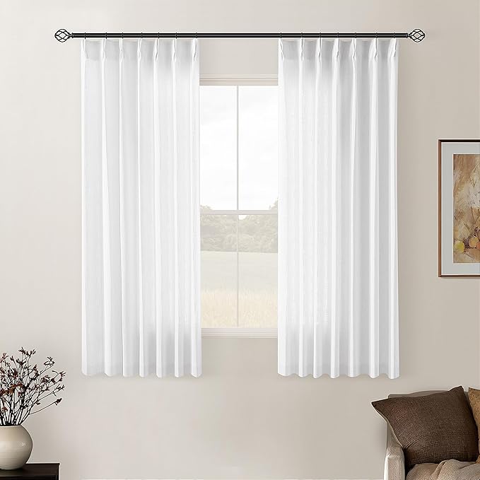 Snow White Short Pinch Pleat Linen Curtains 45 Inch Length 2 Panels Set | by Twodrapes