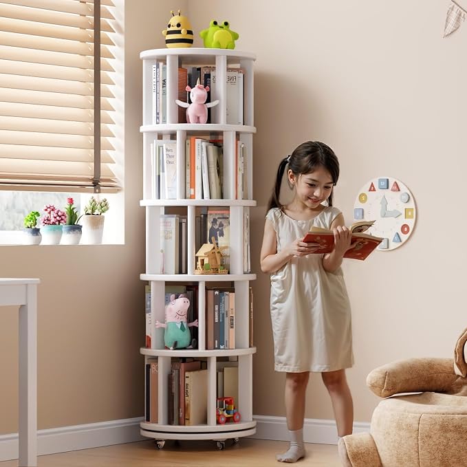 Muwuele Solid Wood Rotating Bookshelf on Wheels, 5 Tier, Round Revolving - Image 3