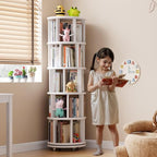 Muwuele Solid Wood Rotating Bookshelf on Wheels, 5 Tier, Round Revolving - Image 3