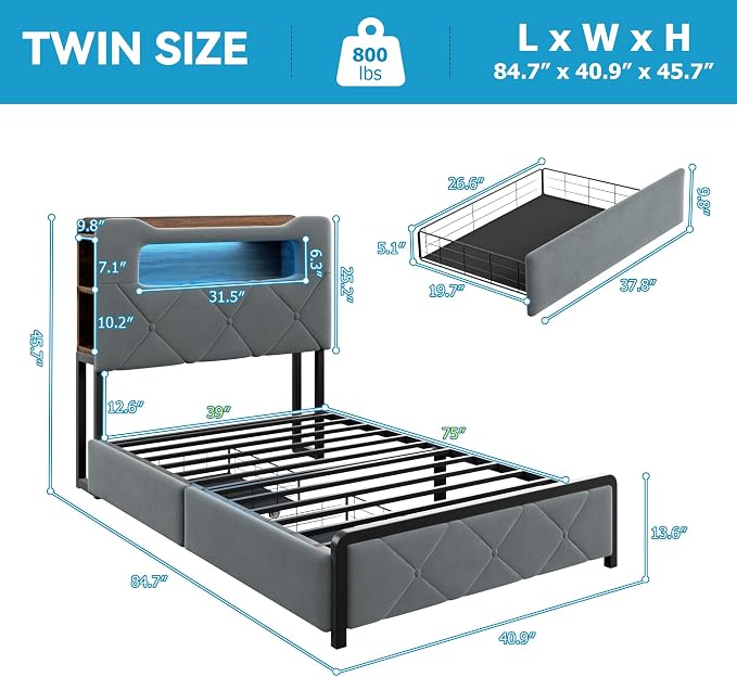 Jocoevol Twin Upholstered LED Bed Frame - Image 2