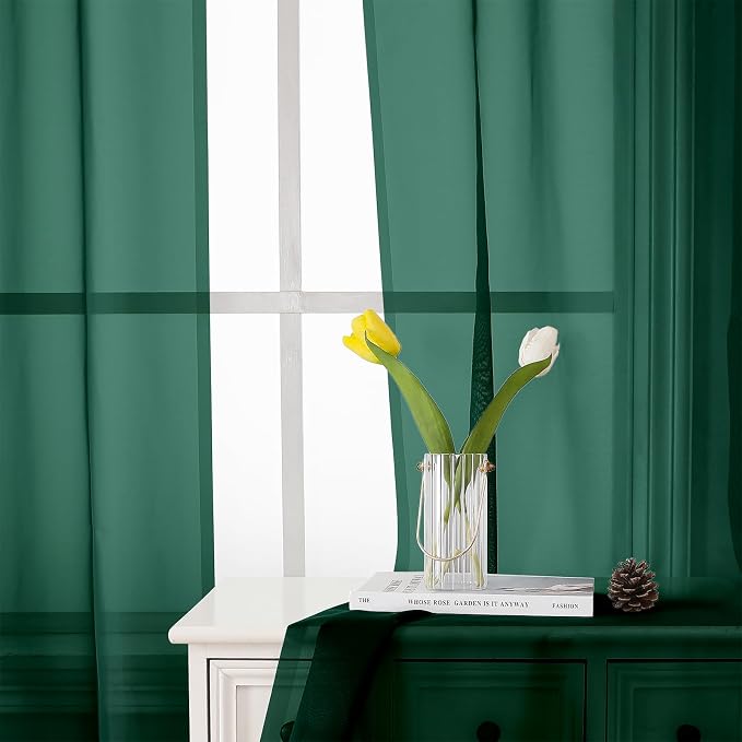Hunter Green Sheer Curtains 63 Inch Length 2 Panels Set, Voile Solid Window - Image 8