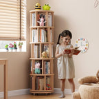 Muwuele Solid Wood Rotating Bookshelf on Wheels, 5 Tier, Round Revolving - Image 3