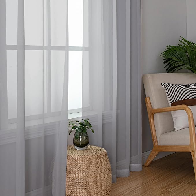 Light Grey Sheer Curtains 84 inches Long 2 Panels Set - Image 4
