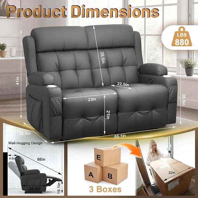 Reclining Loveseat with Pebble Texture Fabric, Loveseat Recliner with USB/Type - Image 3