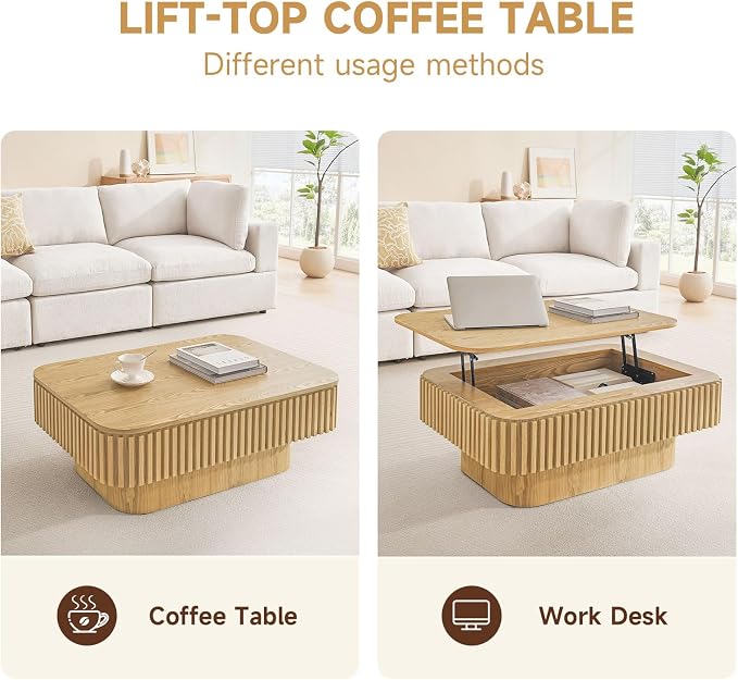 Lift Top Coffee Table for Living Room, Rectangle Handmade Solid Wood Strips - Image 7
