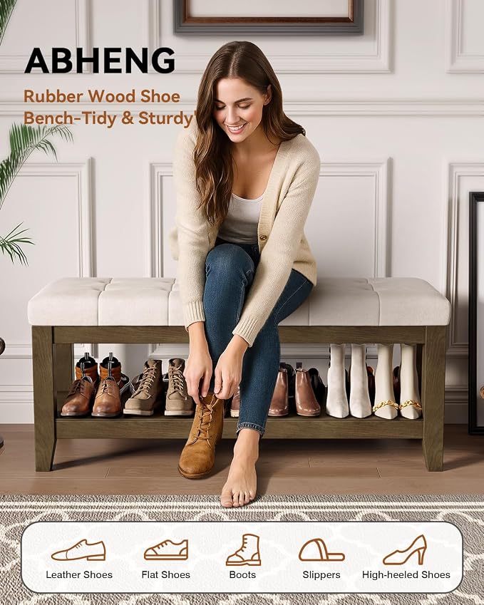 ABHENG Solid Rubber Wood Shoe Bench, Soft Chenille Material Upholstered Seat - Image 3