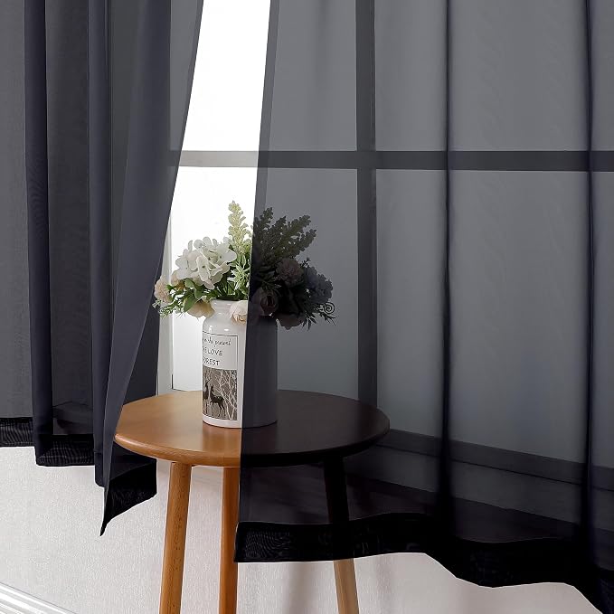 Black Sheer Curtains 50 Inch Length 2 Pcs, Light Filtering Bedroom Curtains - Image 6