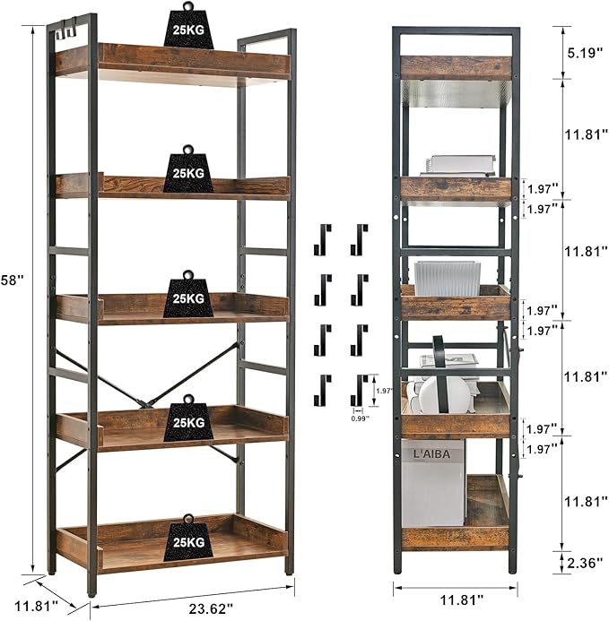 HCHQHS Adjustable 5 Tier Open Bookcase, Rustic Farmhouse Book Shelves, - Image 3