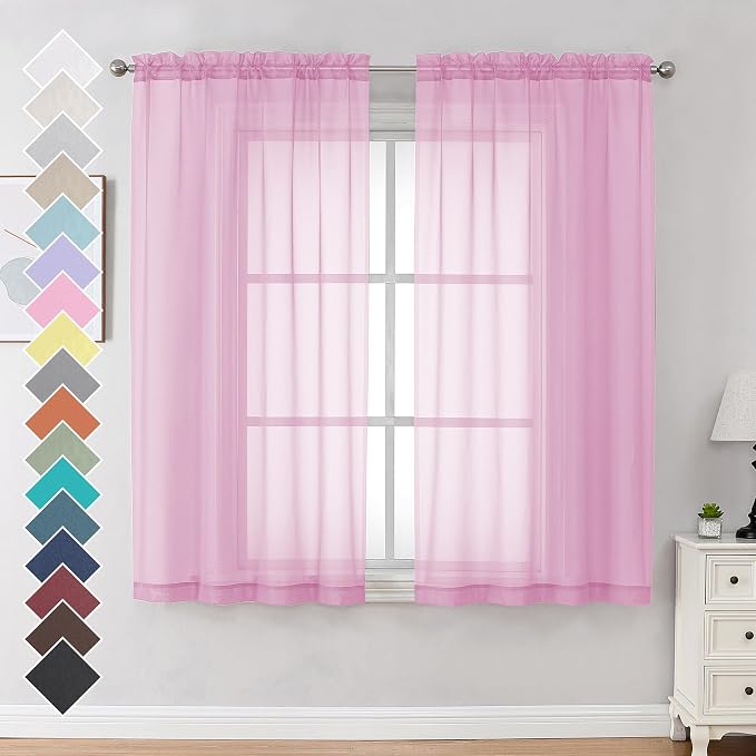 2 Pack Pink Sheer Curtains 63 Inch Length, Light Filtering Window Curtain by OVZME