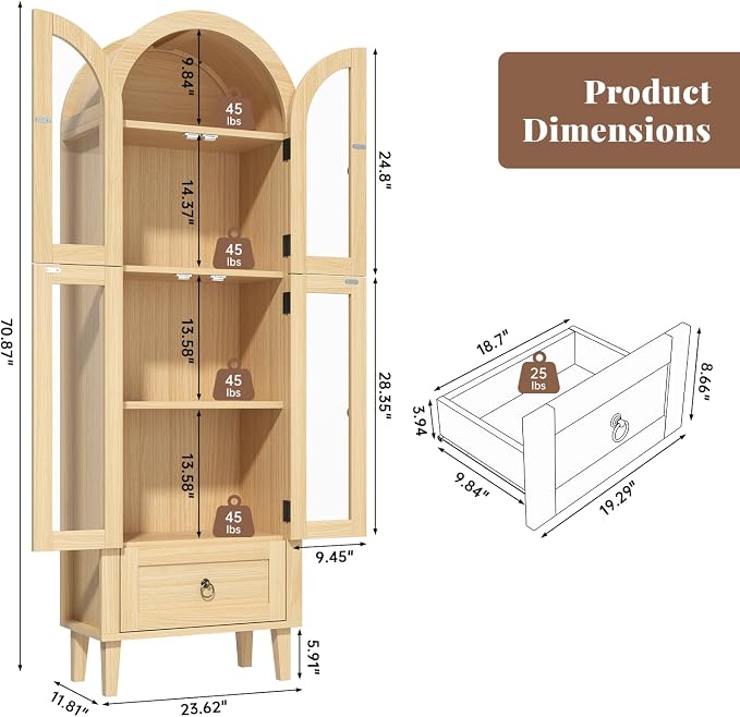 71" Tall Arched Cabinet with Acrylic Door, Modern Curio Arched Bookcase W/Drawer - Image 2