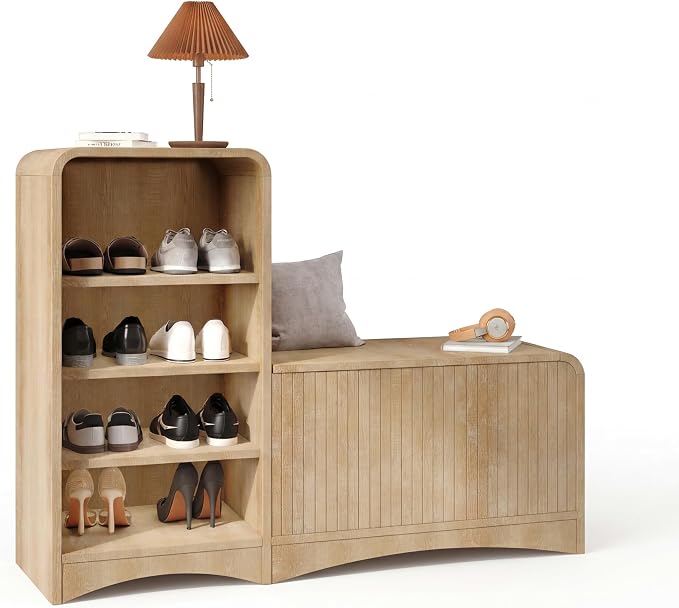 Shoe Cabinet with Bench, L-Shaped Shoe Storage Cabinet, Wood Tall Shoe Rack by Homiflex