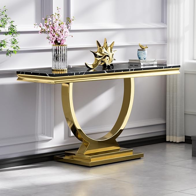 Henf 47" Marble Console Table Modern Black Faux Marble Entryway Table by Henf