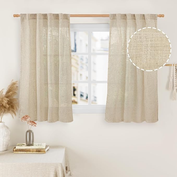 Small Kitchen Window Linen Curtains 45 Inch Length 2 Panels | Semi Sheer by LAMIT