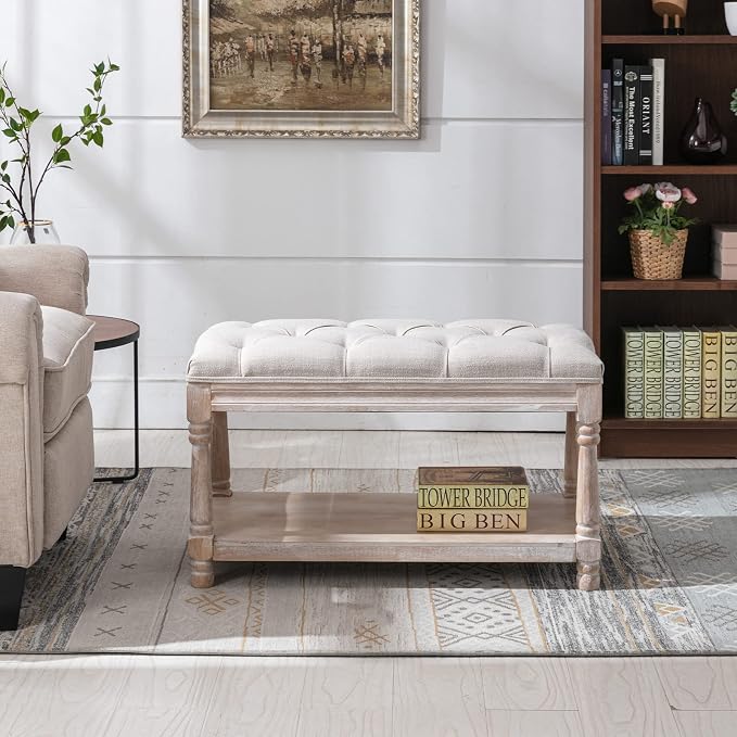 Farmhouse Storage Bench Wooden Entryway Linen Upholstered Ottoman Button Tufted - Image 4