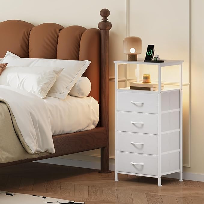 Somdot White Nightstand with Charging Station and LED Light - Image 2