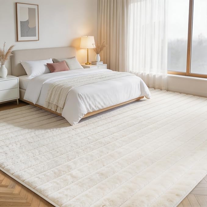 Creamy White Rabbit Striped Plush Rug 8'x10', Fluffy Faux Fur Shaggy Area Rug - Image 2