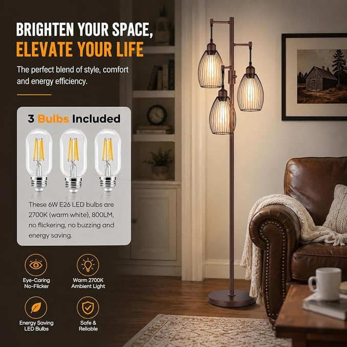 Nintiue Dimmable Floor Lamp, 3x800LM LED Bulbs Included, Farmhouse Industrial - Image 4