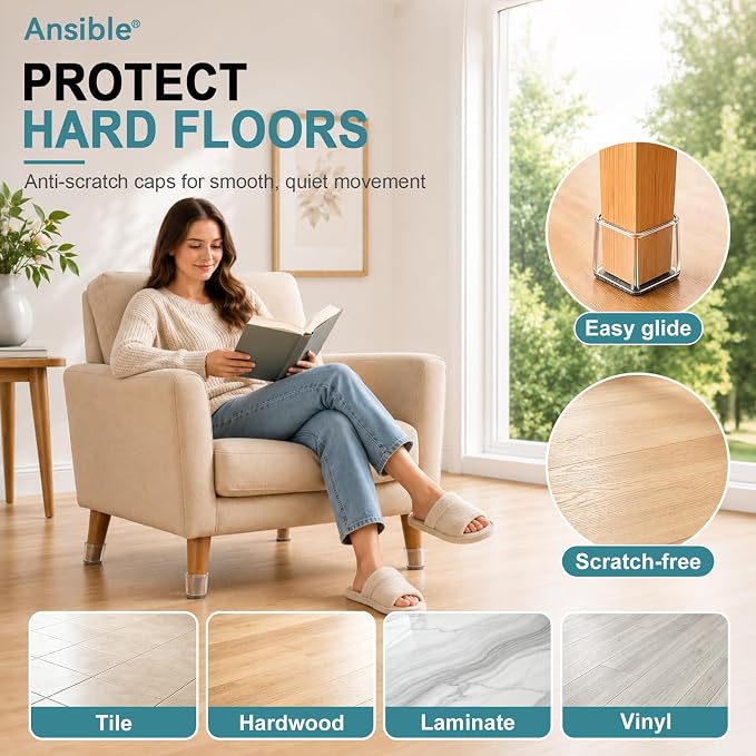 Ansible 24 Pcs Chair Leg Floor Protectors Square, Silicone Felt Furniture Leg - Image 2