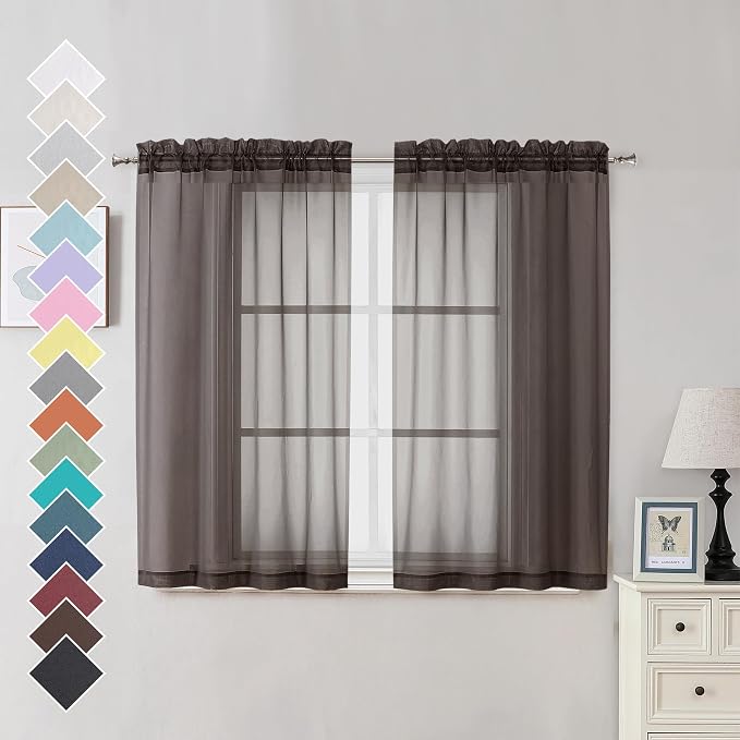 Chocolate Brown Sheer Curtains 45 Inches Long 2 Panels, Light Filtering Sheer by OVZME