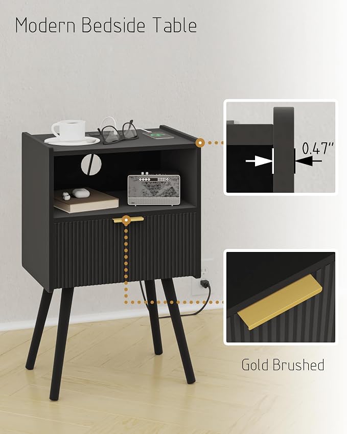 JOONEE Black Nightstand with Outlet, Modern Bedside Table with Storage Drawer - Image 5