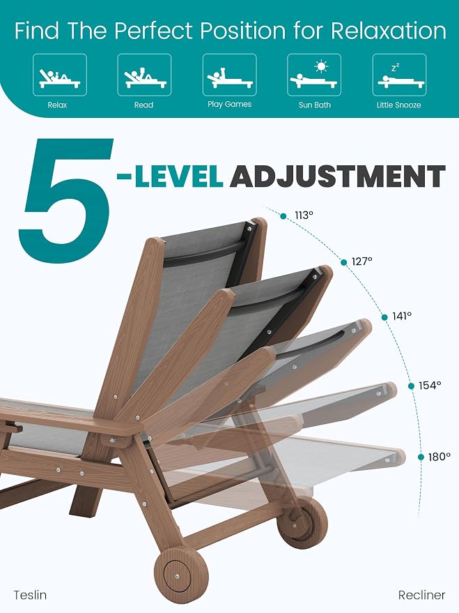SERWALL Textilene Patio Chaise Lounge Chair, 5 Positions Adjustable Outdoor - Image 7