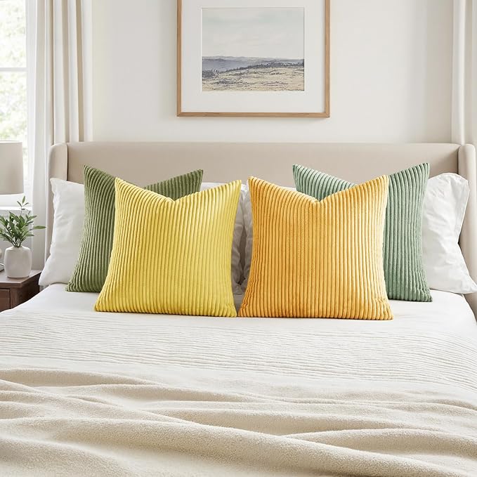 MIULEE Soft Corduroy Decorative Throw Pillow Covers Yellow Green 18x18 | Set of - Image 4