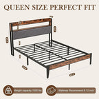Queen Bed Frame with Charging Station, Upholstered Headboard, Metal Platform - Image 2