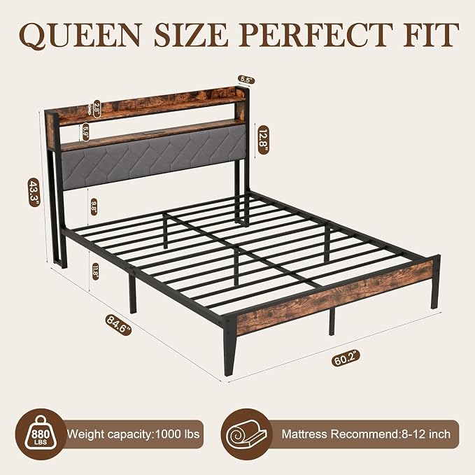Queen Bed Frame with Charging Station, Upholstered Headboard, Metal Platform - Image 2