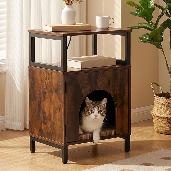 Cat Side Table with Charging Station & Storage Shelf, Small End Tables with Cat by Unknown