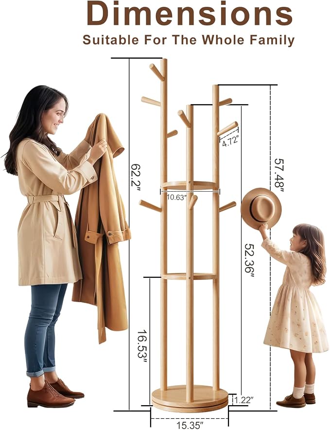 Muwuele Solid Wood Rotary Coat Rack, Freestanding Coat Rack - Image 4