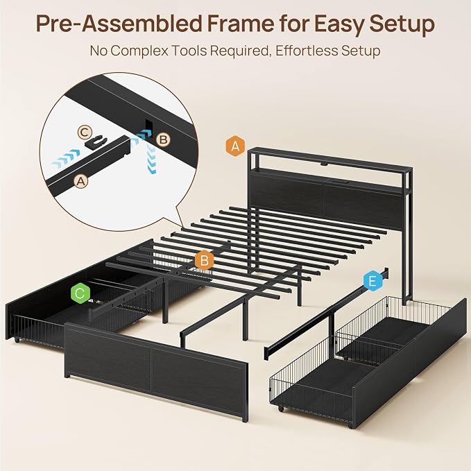 Rolanstar Queen Bed Frame with 4 Storage Drawers & 2-Tier Storage Headboard - Image 3