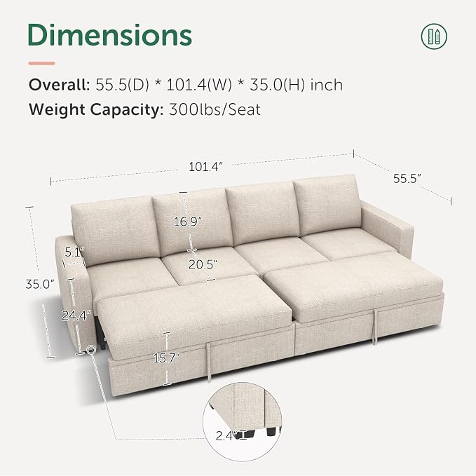 HONBAY Modular Sectional Sleeper Sofa Bed, - Image 2