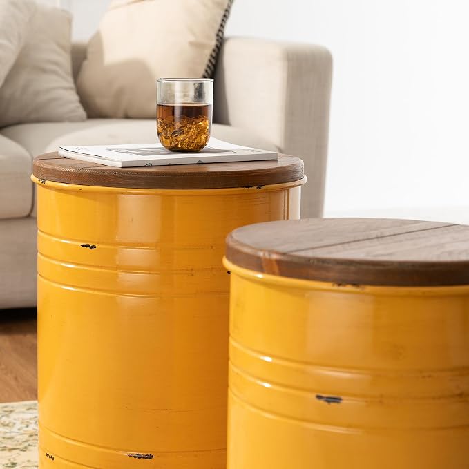 Glitzhome Rustic End Table Set of 2, Farmhouse Galvanized Metal Barrel Ottoman - Image 10