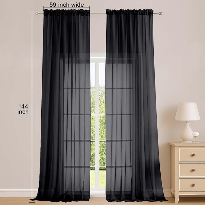 Extra Long Black Sheer Curtains 144 inch 2 Panels Set, Translucent Backdrop - Image 2