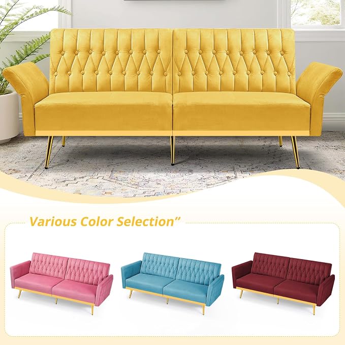 70” Velvet Futon Sofa Bed w/Adjustable Armrests & 2 Pillows, Convertible Futon - Image 7