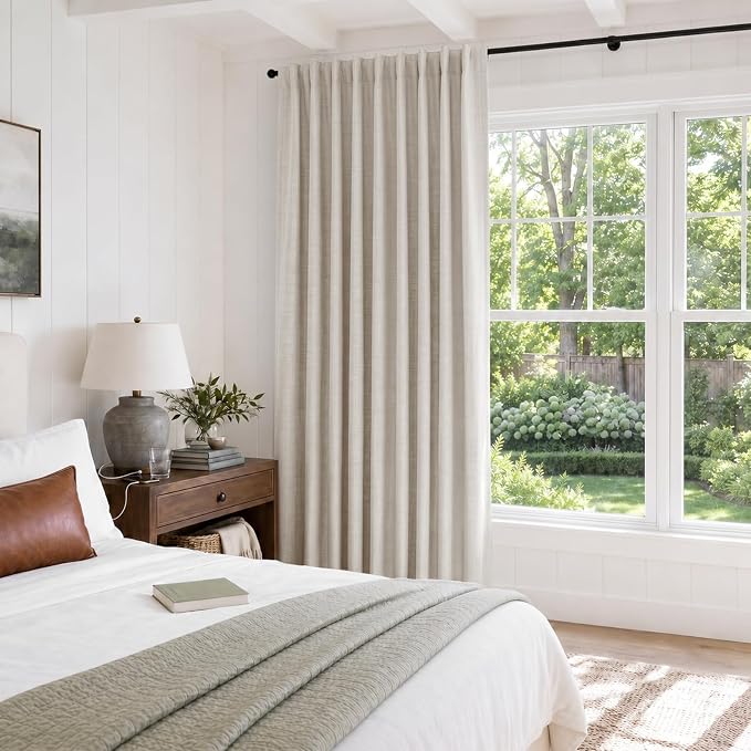 Linen Textured Total Blackout Sliding Door Curtains 84 Inches Long, Cream | - Image 5