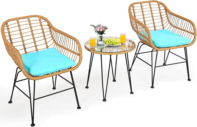 Tangkula 3 Pieces Patio Bistro Set, Rattan Conversation Set by TANGKULA