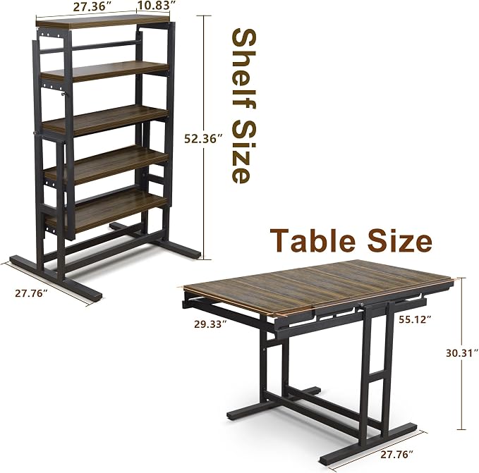 Convertible Dining Table, 2 in 1 Bookshelf to Kitchen Table, Space Saving - Image 3