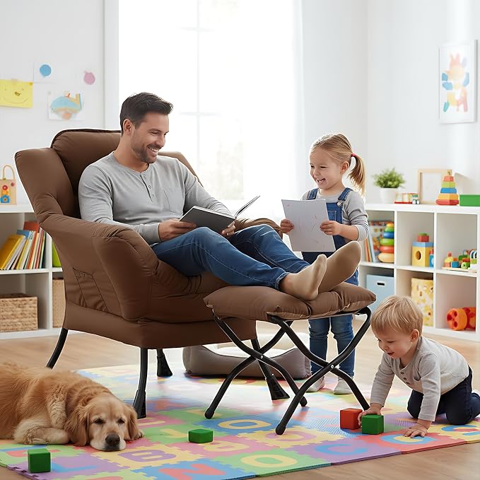 Welnow Lazy Chair with Ottoman, Modern Accent Armchair with Armrests and a Side - Image 2