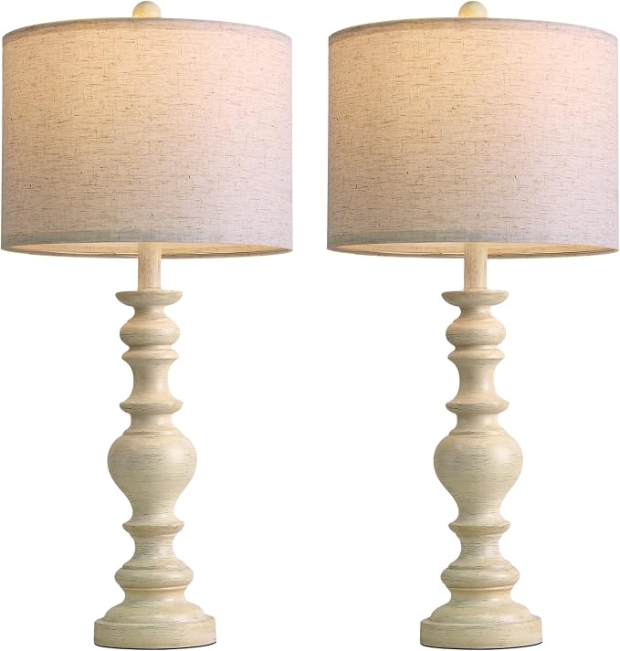 BOBOMOMO 27" Antique White Table Lamps Set of 2, Large Vintage Resin Lamps - Image 5