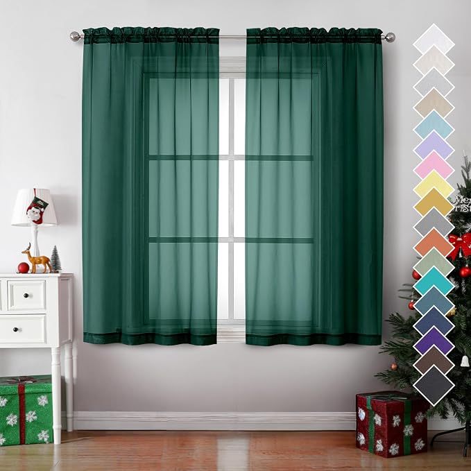 Hunter Green Sheer Curtains 63 Inches Long 2 Panels - Image 2