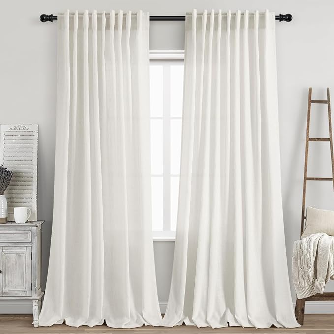 Beige White Curtains Linen for Living Room 90 Inches Long Back Tab and Rod by Nanspring