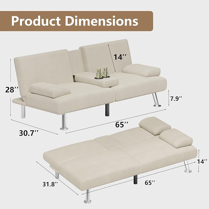 Flamaker Futon Sofa Bed Corduroy Folding Couch Adjustable Sleeper Sofa Bed - Image 3