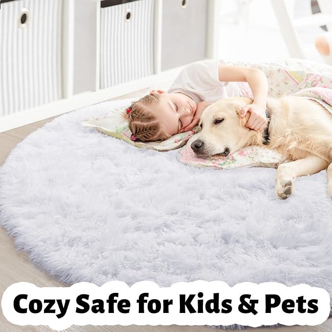 Amdrebio White Fluffy Round Rug 4Ft - Image 4
