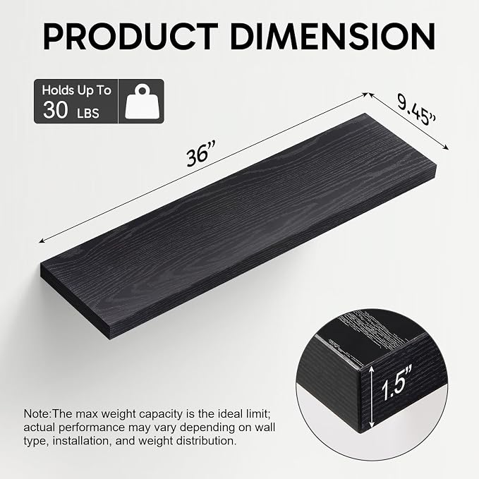 BAYKA Floating Shelves for Wall, 36 Inches Long Black Wall Mounted Rustic Wood - Image 6