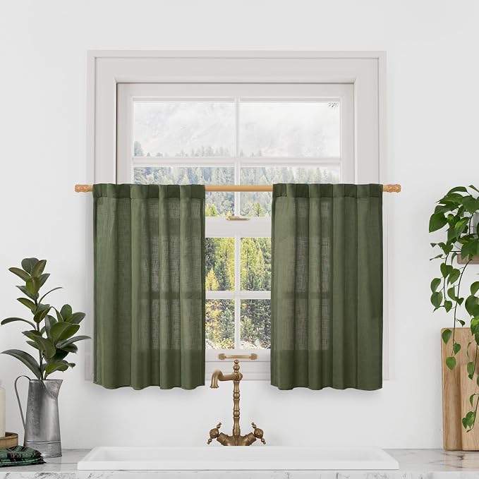 Semi Sheer Short Linen Window Curtains 36 Inch Length 2 Panels | Light by LAMIT
