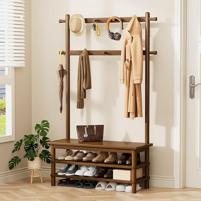 Hall Tree with Shoe Storage Bench, 3-in-1 Entryway Coat Rack with Bench by Unknown