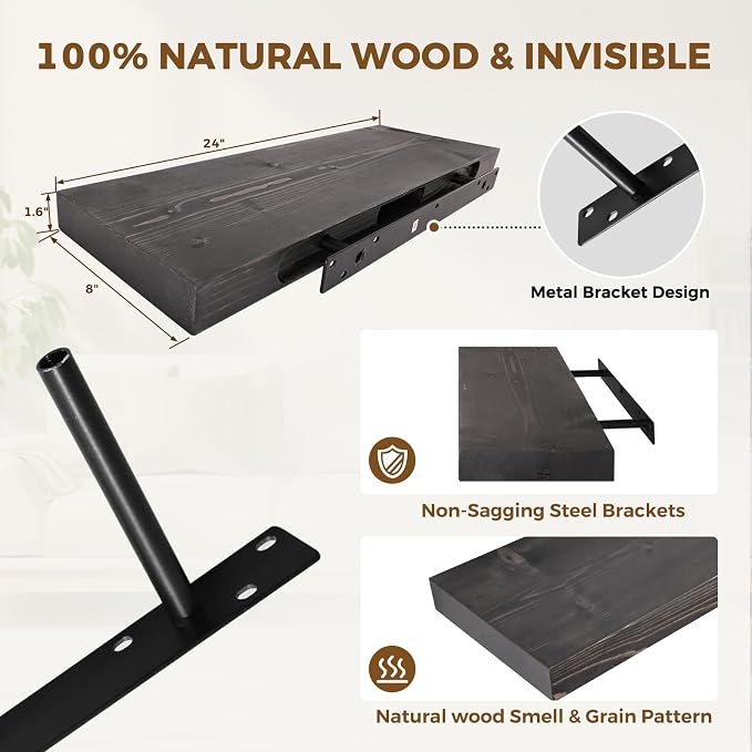 24x8x1.6 inch Floating Shelves Set of 2 – Solid Wood Rustic Black Wall Mounted - Image 4