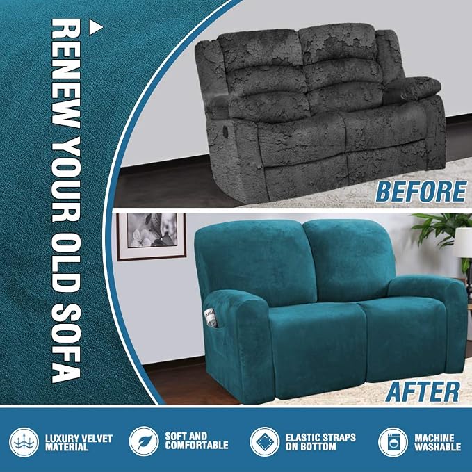 H.VERSAILTEX Velvet Stretch Recliner Couch Covers 6-Pieces Recliner Loveseat - Image 5